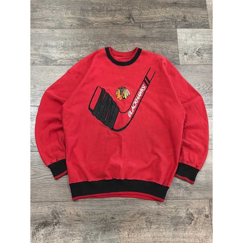 RARE! Vintage 90s Legends Athletic Chicago Blackhawks Hockey Stick Sweatshirt XL